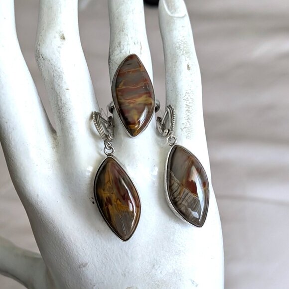 NWT Russian Russia Sterling Silver 925 Brown Grey Jasper Earrings And Ring Set - Picture 1 of 16